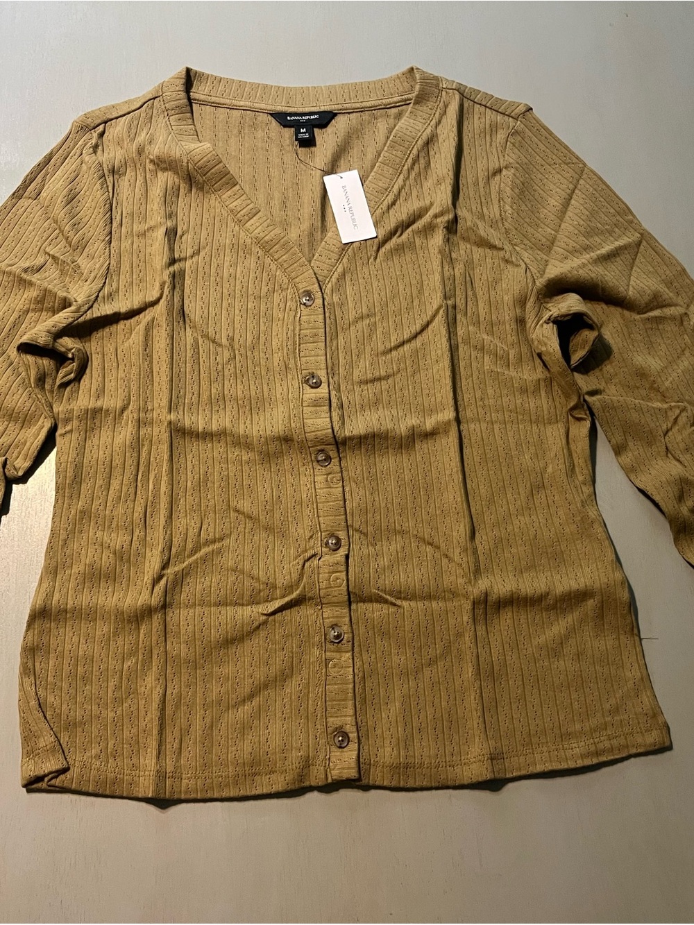 NWT Cotton Banana Republic Pointelle Ribbed V-Neck Cardigan Top - Medium Camel